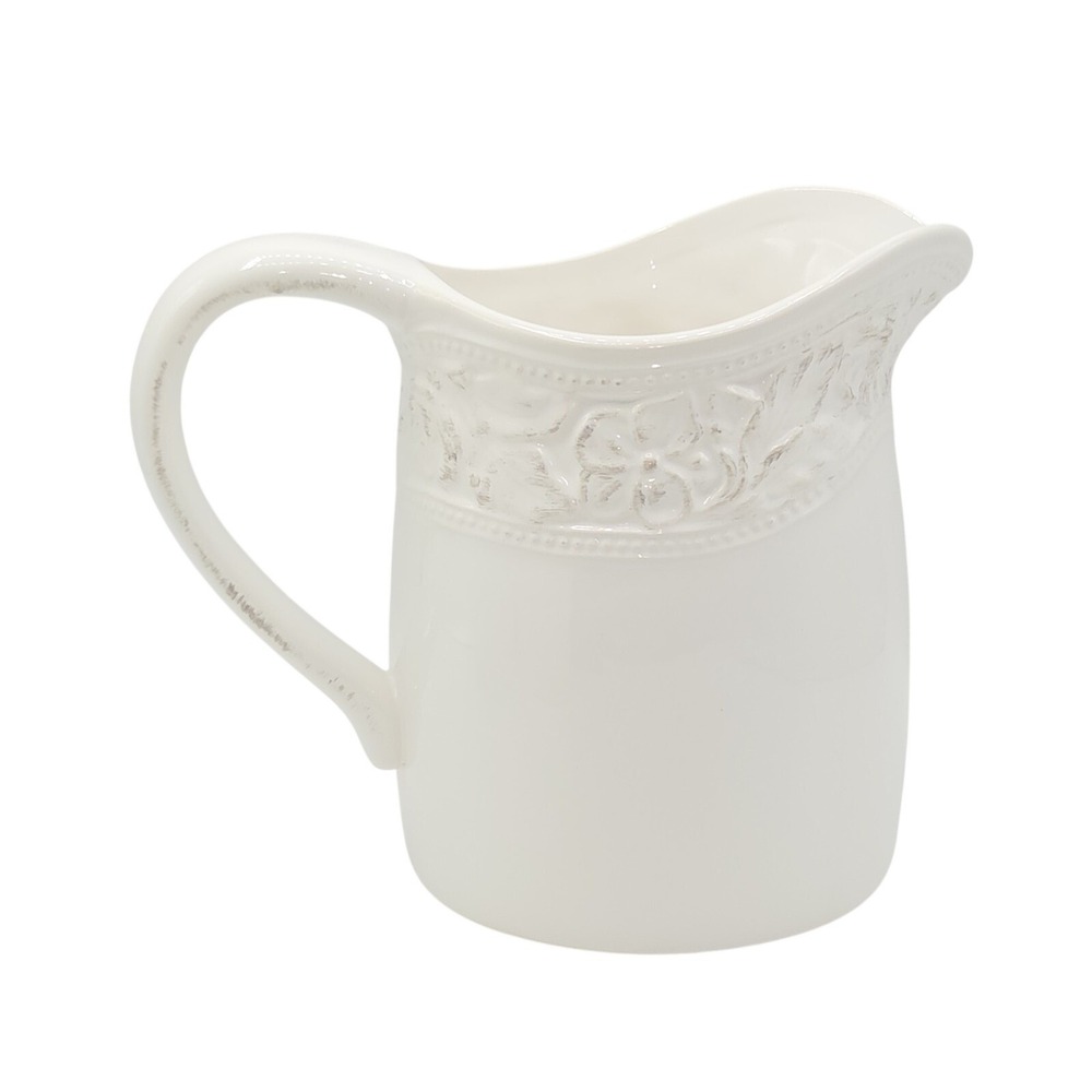 Pfaltzgraff Country Cupboard 7in Vintage Pitcher Vase Ivory Embossed Floral Band